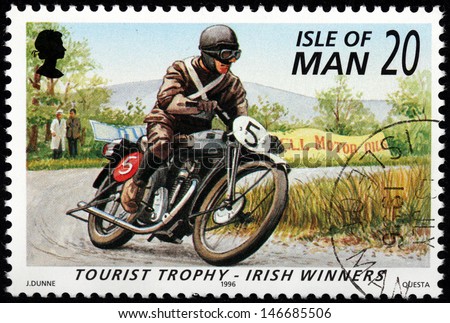 ISLE OF MAN - CIRCA 1996: a stamp printed by GREAT BRITAIN shows winner of International Isle of Man TT (Tourist Trophy) Race - the most prestigious motorcycle race in the world, circa 1996.