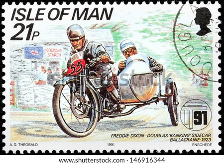 ISLE OF MAN - CIRCA 1991: a stamp printed by GREAT BRITAIN shows winner of International Isle of Man TT (Tourist Trophy) Race - the most prestigious motorcycle race in the world, circa 1991.