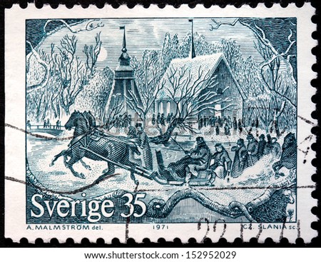 SWEDEN - CIRCA 1971: a stamp printed by SWEDEN shows Arriving For Early Service on Christmas Day, 1870. Engraving after painting by Johan August Malmstrom, circa 1971.