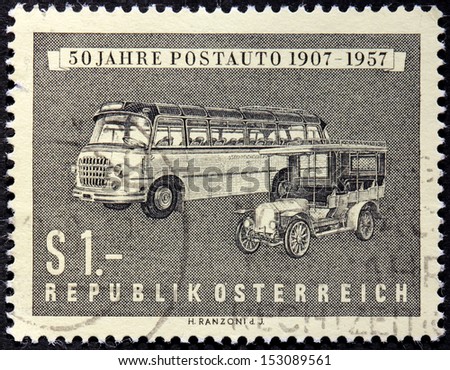 AUSTRIA - CIRCA 1957: a stamp printed by AUSTRIA shows view of two old city buses, circa 1957.