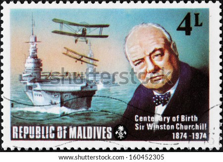 MALDIVE ISLANDS - CIRCA 1974: a stamp printed by Maldive Islands shows image portrait of famous British politician, Prime Minister of the United Kingdom Sir Winston Churchill, circa 1974