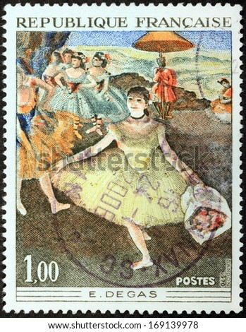 FRANCE - CIRCA 1970: A stamp printed by FRANCE shows picture Dancer With Bouquet (Danseuse au bouquet, saluant sur la scene) by French artist Edgar Degas, circa 1970