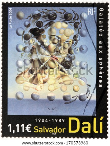 France - Circa 2004: A Stamp Printed By France Shows Famous Picture Galatea Of The Spheres (Galatee Aux Spheres) By Prominent Spanish Surrealist Painter Salvador Dali, Circa 2004
