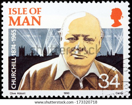 ISLE OF MAN - CIRCA 1990: a stamp printed by GREAT BRITAIN shows image portrait of famous British statesman, Prime Minister of the United Kingdom Sir Winston Churchill, circa 1990