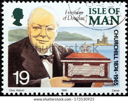 ISLE OF MAN - CIRCA 1990: a stamp printed by GREAT BRITAIN shows image portrait of famous British statesman, Prime Minister of the United Kingdom Sir Winston Churchill, circa 1990