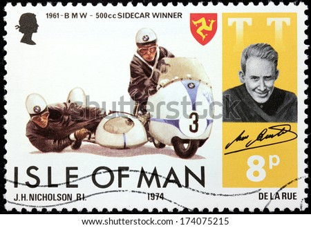 ISLE OF MAN - CIRCA 1974: a stamp printed by GREAT BRITAIN shows portrait  of International Isle of Man TT (Tourist Trophy) 1961 Race winner Max Deubel, circa 1974.
