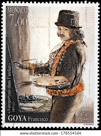 MONACO - CIRCA 1996: A stamp printed by MONACO shows image self-portrait of Spanish romantic painter Francisco Goya, circa 1996.