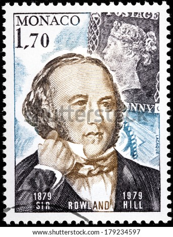 MONACO - CIRCA 1979: A stamp printed by MONACO shows image portrait of English schoolteacher, social reformer, postal administrator Sir Rowland Hill, circa 1979.