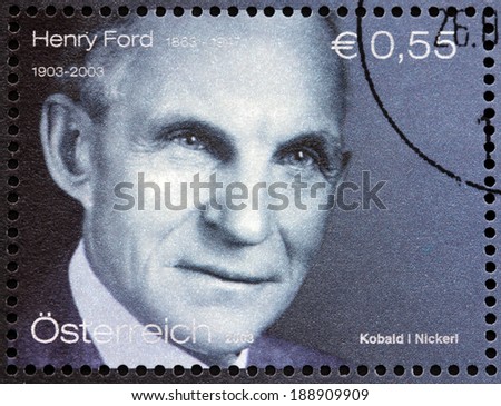 AUSTRIA CIRCA 2003 A stamp printed by AUSTRIA shows image portrait of Henry Ford an American industrialist business magnate the founder of the Ford Motor Company circa 2003 AUSTRIA CIRCA 2003 A stamp printed by AUSTRIA shows image portrait of Henry Ford an American industrialist business magnate the founder of the Ford Motor Company circa 2003