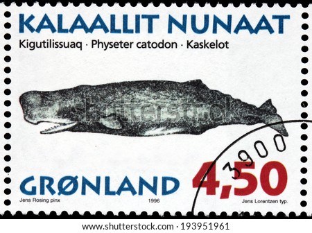 GREENLAND - CIRCA 1996: A stamp printed by DENMARK shows image of The Sperm Whale, or cachalot - the largest of the toothed whales and the largest toothed predator, circa 1996