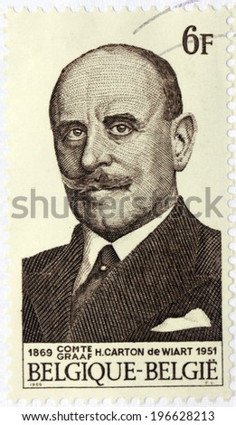BELGIUM - CIRCA 1969: a stamp printed by BELGIUM shows image portrait of Henri Victor Marie Ghislain, Count Carton de Wiart (1869-1951) - the 23rd Prime Minister of Belgium, circa 1969.