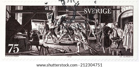 SWEDEN - CIRCA 1972: A stamp printed by SWEDEN shows The Interior of the Anchor Forge (1762).  Anonymous Artist, circa 1972