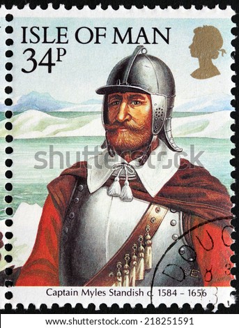 ISLE OF MAN - CIRCA 1986: a stamp printed by GREAT BRITAIN shows Captain Myles Standish - English military officer hired by the Pilgrims as military advisor for Plymouth Colony, circa 1986.