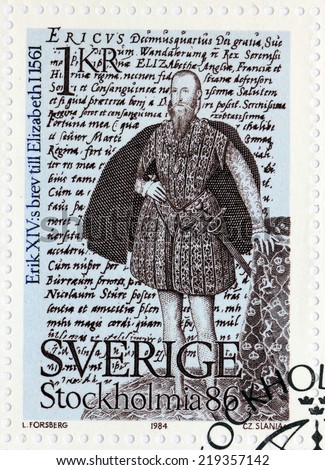 SWEDEN - CIRCA 1984: A stamp printed by SWEDEN shows image portrait of King Eric XIV (Painting by Steven van der Meulen) against his letter to Queen Elizabeth I, circa 1984