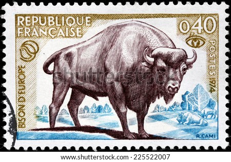 FRANCE - CIRCA 1974: A stamp printed by FRANCE shows European Bison (Bison bonasus), also known as Wisent or the European Wood Bison, circa 1974