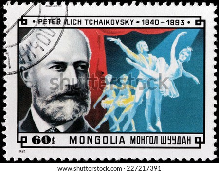 MONGOLIA - CIRCA 1981: A stamp printed by MONGOLIA shows Russian composer Tchaikovsky whose works included symphonies, concertos, operas, ballets and chamber music, circa 1981