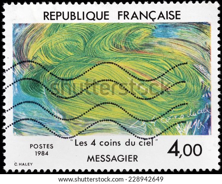 FRANCE - CIRCA 1984: A stamp printed by FRANCE shows painting Four Corners of the Sky by famous French painter, sculptor, printmaker and poet  Jean Messagier, circa 1984