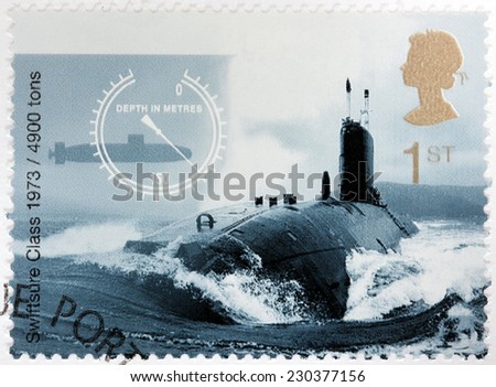 UNITED KINGDOM - CIRCA 2001: A stamp printed by UNITED KINGDOM shows view of British Swiftsure Class nuclear power submarine, 1973, circa 2001