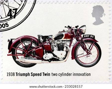UNITED KINGDOM - CIRCA 2005: A stamp printed by GREAT BRITAIN shows motorcycle Triumph Speed Twin - two cylinder innovation 1938, circa 2005