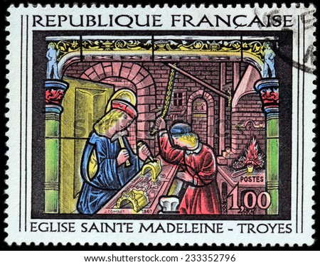 FRANCE - CIRCA 1967: A stamp printed by FRANCE shows engraving after Glass Painting in the church of St. Madeleine de Troyes, Aube department in north-central France, circa 1967