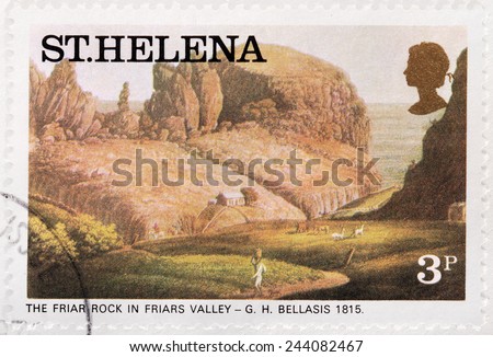 SAINT HELENA - CIRCA 1976: A stamp printed by ST. HELENA (GREAT BRITAIN) shows painting The Friar Rock in Friars Valley by George Hutchins Bellasis, circa 1976