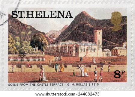 SAINT HELENA - CIRCA 1976: A stamp printed by ST. HELENA (GREAT BRITAIN) shows painting Scene From The Castle Terrace by George Hutchins Bellasis, circa 1976