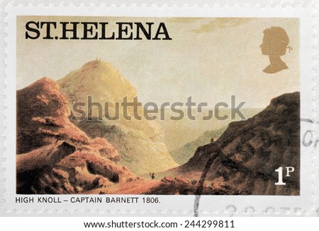 SAINT HELENA - CIRCA 1976: A stamp printed by ST. HELENA (GREAT BRITAIN) shows painting view of High Knoll - painting by Captain Barnett, circa 1976