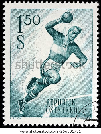 AUSTRIA - CIRCA 1959: A stamp printed by AUSTRIA shows image of Handball Player, circa 1959.