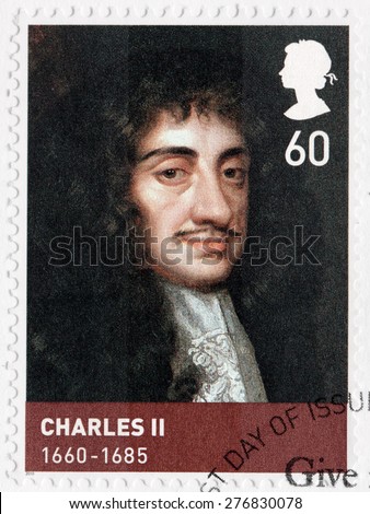 UNITED KINGDOM - CIRCA 2010: A stamp printed by GREAT BRITAIN shows image portrait of King Charles II - monarch of the three kingdoms of England, Scotland, and Ireland, circa 2010