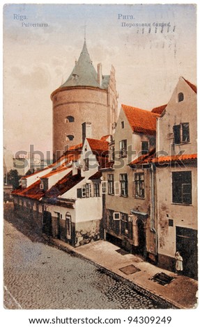 RUSSIA - CIRCA 1906: a post card printed by RUSSIA shows Powder Tower in Riga. Text in the image means: 