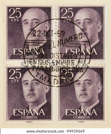 SPAIN - CIRCA 1959: A set of four stamps printed by Spain shows image portrait of  Spanish general, dictator Francisco Franco (1892-1975), circa 1959.