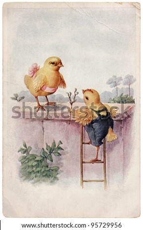AUSTRIA - CIRCA 1912: Vintage Easter post card printed by Austria shows pair of chickens in love, circa 1912.