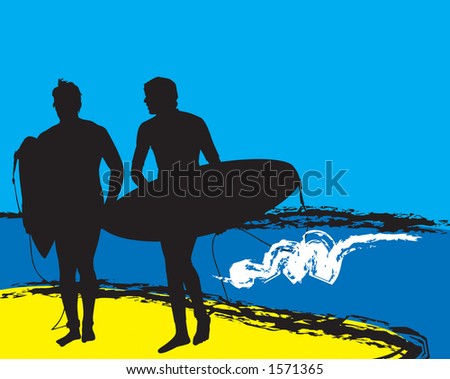 Surf Days End.  Two surfer silhouettes getting out of the water after a nice day of surfing.  Clipping Path Included.