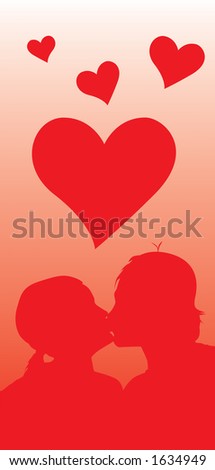 Two lovers kissing under floating hearts.  CLIPPING PATHS INCLUDED
