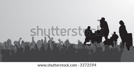 Rock concert silhouette with jam packed crowd.