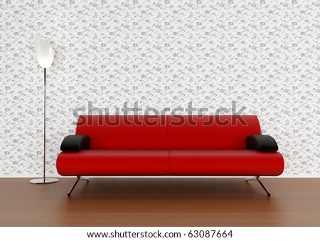 Modern red sofa and lamp
