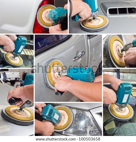 polishing with power buffer machine. CAR CARE images collage