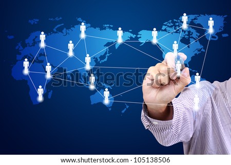 businessman drawing a social network scheme on a whiteboard