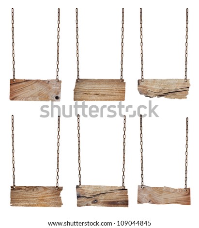 Collection wooden sign with chain on white background,  with Clipping Paths for design work