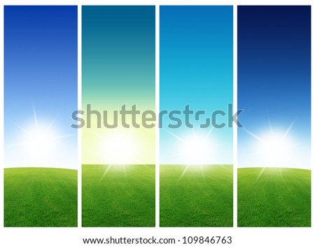 Collection of vertical field of grass and blue sky banners (Image size 3000*1000 pixels)