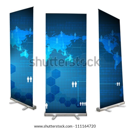 Blank roll up banner display, and virtual business network process diagram identity background ready for use. isolated on white background (Save Paths For design work)