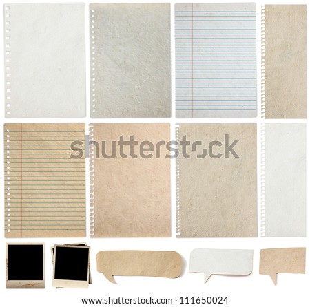 Paper textures background, isolated on white background Save Paths For design work ( paper sheets, lined paper, note paper, photo frame and  paper speech bubble )