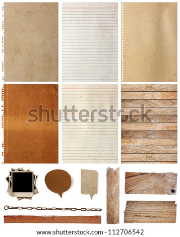 Paper textures background, isolated on white background Save Paths For design work ( paper sheets, lined paper, paper notebook, note paper, paper speech bubble, wood background and plank )