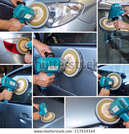collage polishing car at automobile repair and renew service station shop by power buffer machine