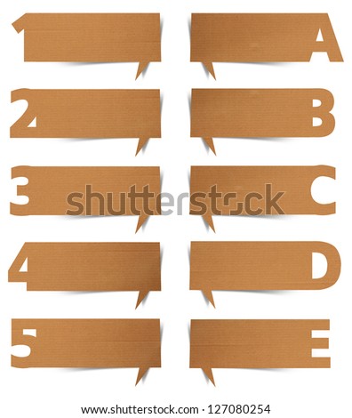 Recycled paper craft presentations alphabet letters number, on retro style speech bubbles, isolated on white background (Save Paths For design work)