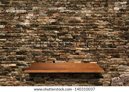 Empty Wood Shelf On Brick Wall Texture Background, Loft Style Concept Design