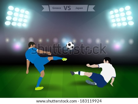 Two football players in jump to strike the ball at the stadium, Soccer players greece versus japan, Brazil 2014 group C Vector illustration modern design template