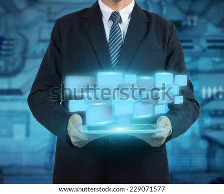Businessman working computer tablet pc, with creative button screen interface new digital modern computer show social network structure