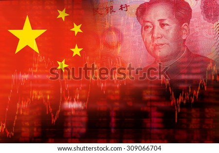 Flag of China with face of Mao Zedong on RMB (Yuan) 100 bill. Downtrend stock diagram