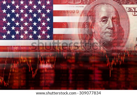 Crisis in USA - Shares Fall Graph on United States of America Flag with Face of Benjamin Franklin from one hundred dollars bill